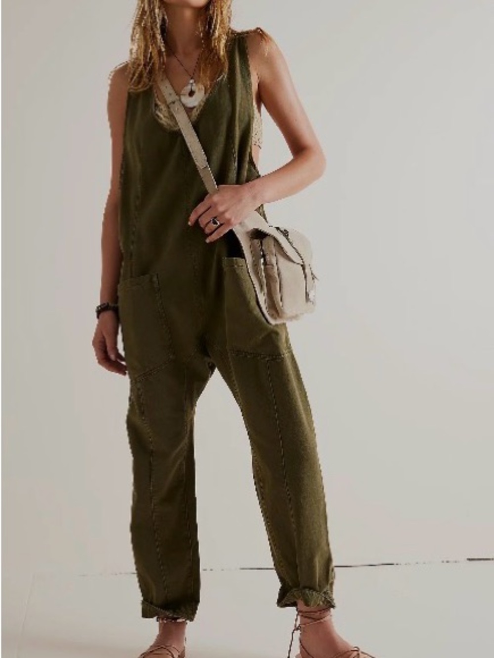 Free People Olive High Roller Jumpsuit
